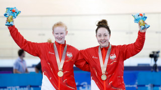 Team England's Sophie Thornhill and Helen Scott celebrate winning B sprint gold at the Commonwealth Games in Australia