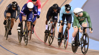 Jack Carlin riding in the Keirin at the Track World Cup in London.