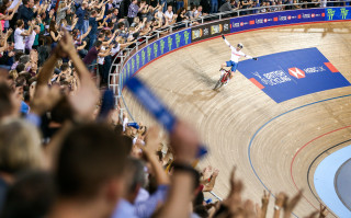 Matt Walls celebrates after winning gold in the madison during the Tissot UCI Track Cycling World Cup in London.