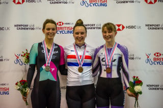 Ella Barnwell on the podium after winning the junior women's scratch race at the 2019 national championships.