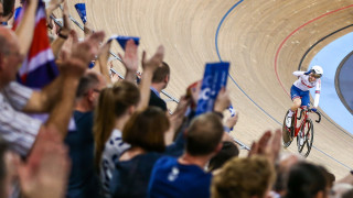 Laura Kenny celebrating after winning at the Track World Cup in London.