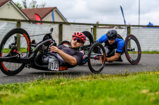 Matthew Faucher (behind) victorious at the 2021 British National Para-cycling Road Championships