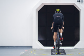 A female rider in the wind tunnel.