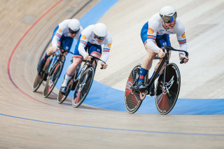 Ali Fielding riding in the men's team sprint, at the 2023 European Track Cycling Championships in Grenchen, Switzerland