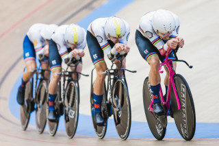 Dan Bigham leading the men's team pursuit team at the 2023 European Track Cycling Championships in Grenchen