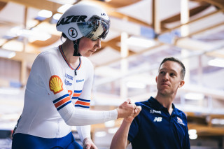 Katie Archibald and coach Cameron Meyer at the 2023 European track championships in Grenchen, Switzerland