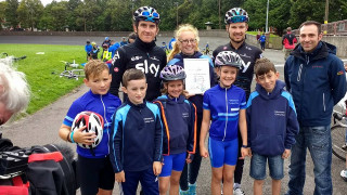 Geraint Thomas and Owain Doull present Clubmark Accreditation to Whitchurch Cycling Club