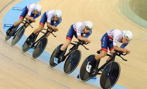 Great Britain Cycling Team's Ollie Wood leads off the team pursuit effort